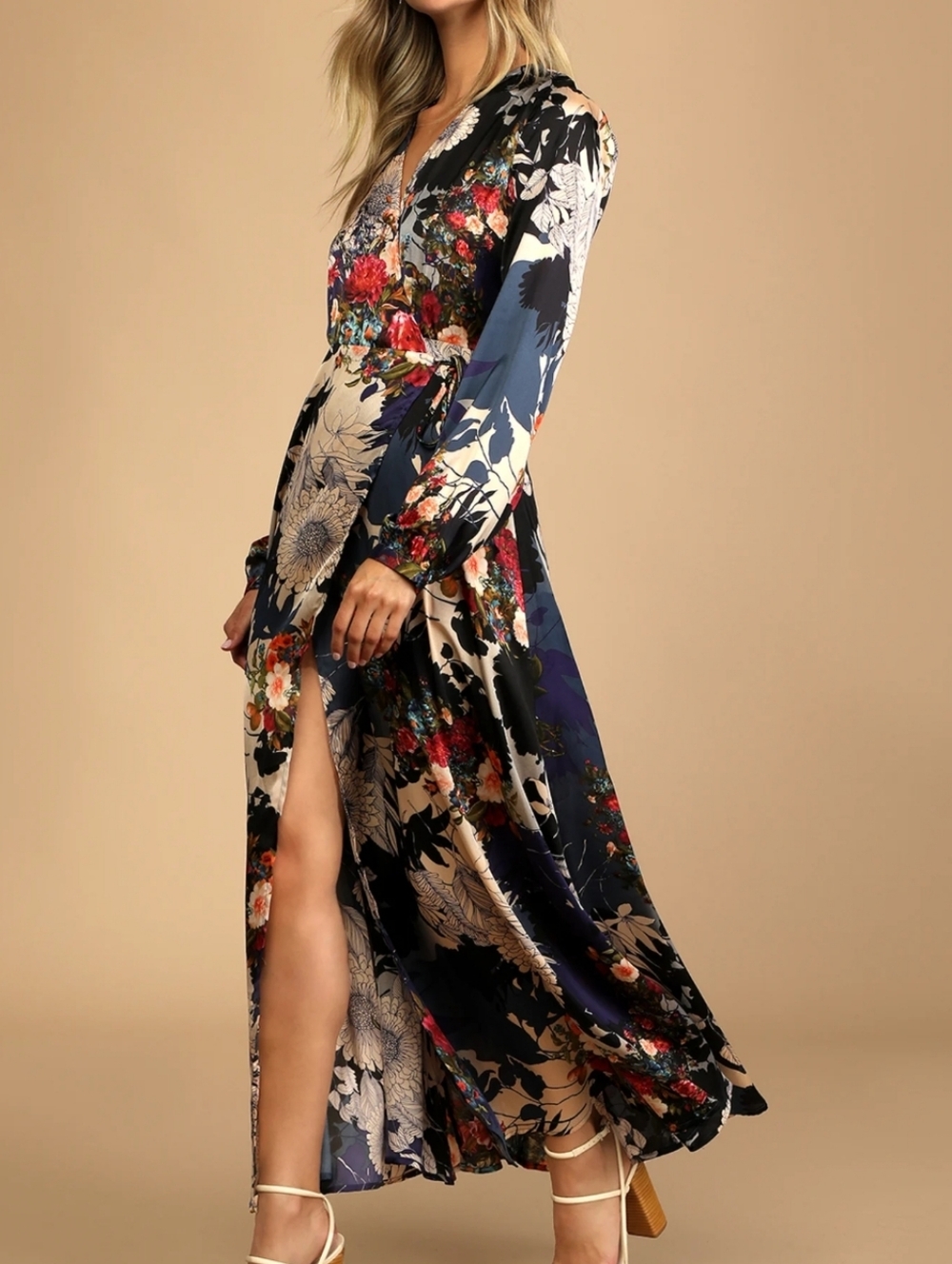 Lulu's 'Put On A Smile' Navy Floral Wrap Maxi Dress with Multicolor Blooms